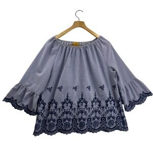 Ruby Rd Womens XL Blue Stripe Embroidered Bell Sleeve Top Shirt